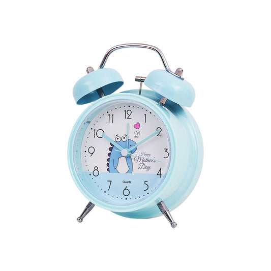 Blue twin-bell alarm clock with round white dial and cartoon animal graphics.