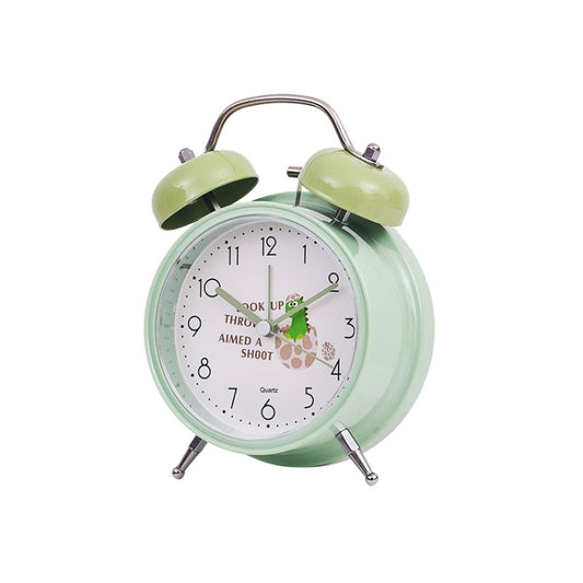Green twin-bell alarm clock with round white dial and playful printed icons.