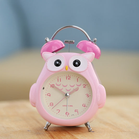 Pink cartoon owl alarm clock with twin bells, round face, twin feet, and light hands