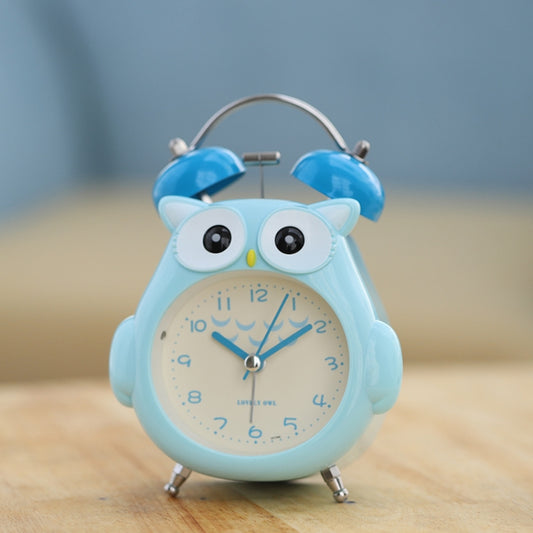Light blue cartoon owl alarm clock with twin bells, round face, and metal feet