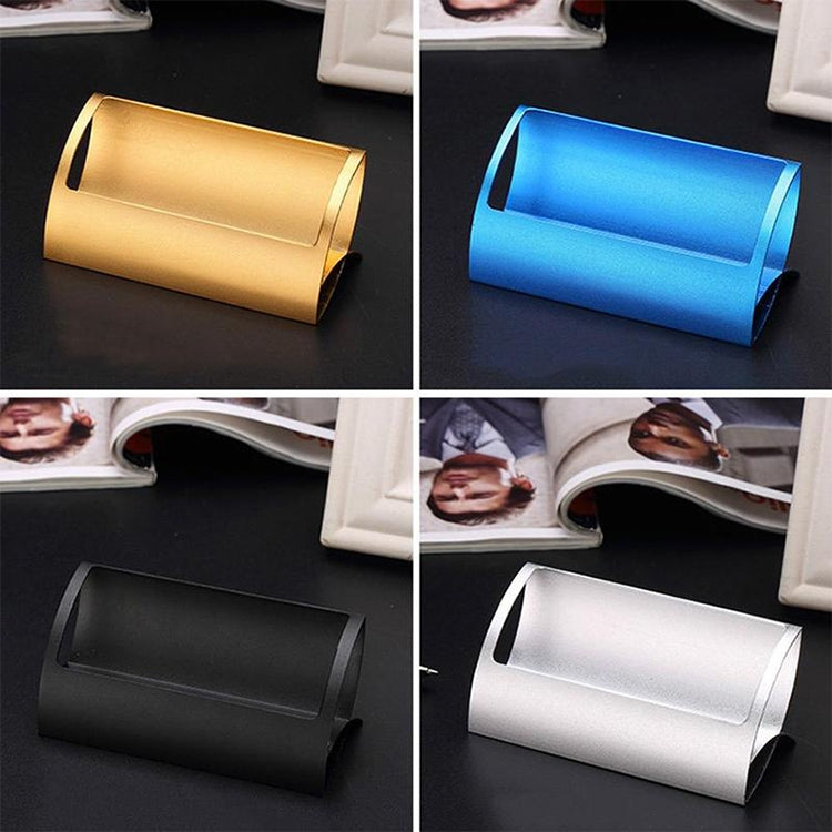 Set of metal card holders in gold, blue, black, and silver with open ends