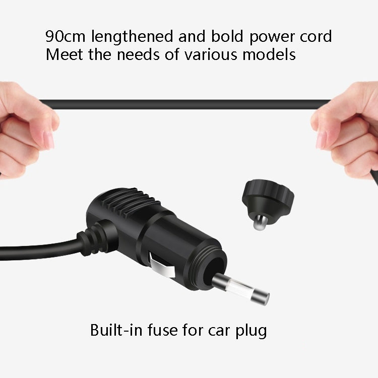 Car plug power cord with inline fuse for powering the dual-head fan.