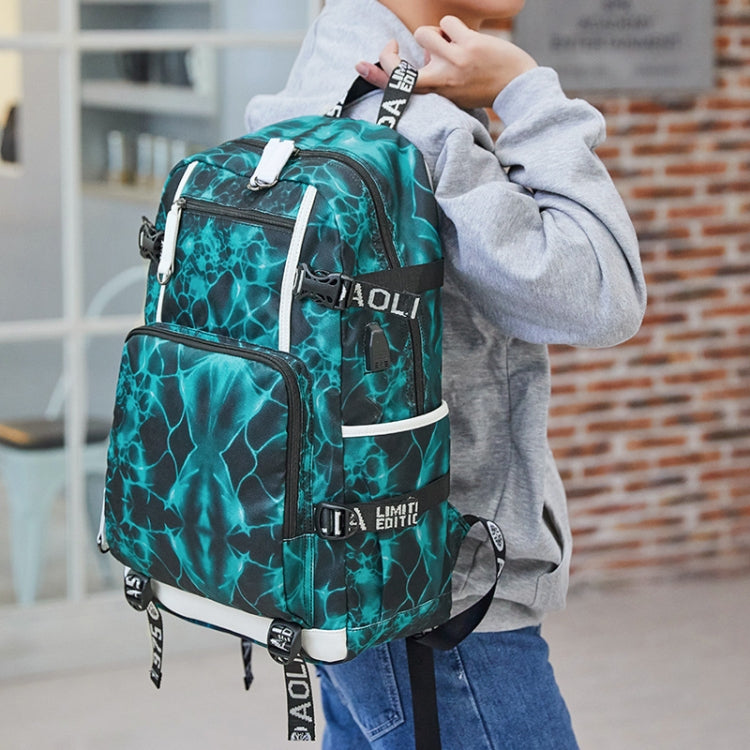 Large capacity teal geometric lightning backpack with front pockets and adjustable straps