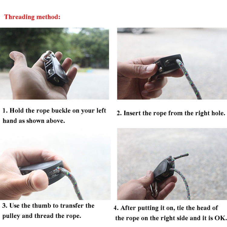 Hands threading black pulley adjustment rope buckle with metal hardware