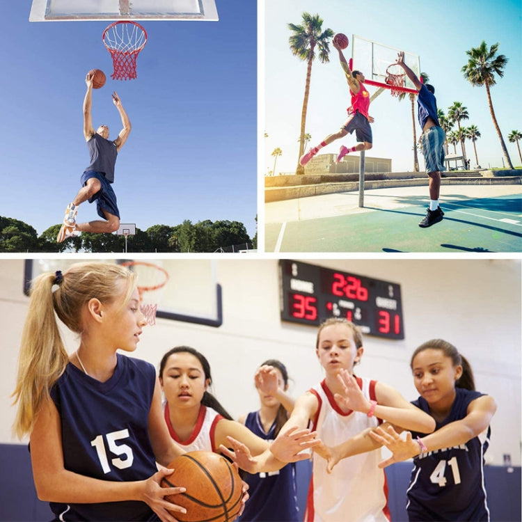Basketball hoop net with red-white-blue rope during outdoor play