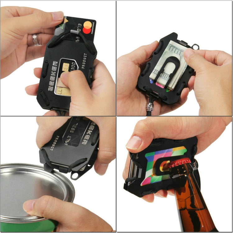 Black metal RFID card holder with bottle opener and multiple card slots