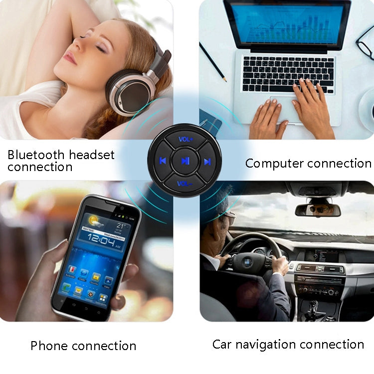 Black circular Bluetooth remote control with blue volume and media control buttons