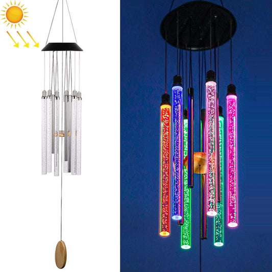 Solar wind chime light with multicolor glowing tubes and brown wooden striker