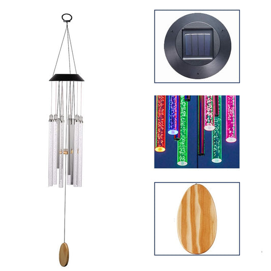 Solar wind chime light with multicolor glowing tubes and black top cap