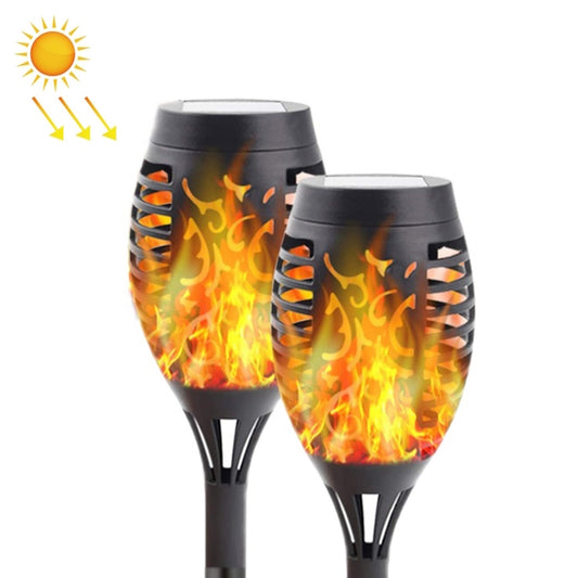 Two solar flame torch lights with orange flame effect in black lantern housings