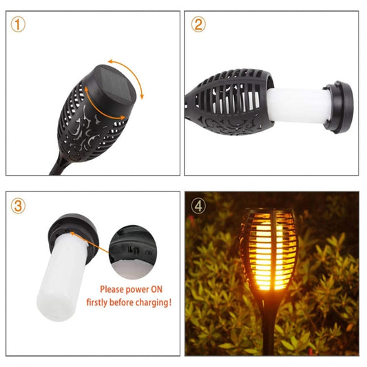 Solar flame torch light showing cutaway design and side vented lantern housing