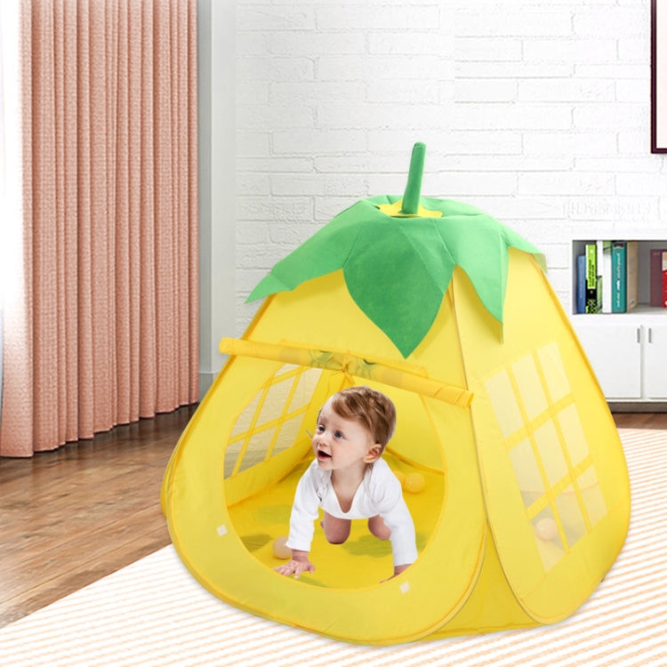Yellow and green play tent with front mesh window, toddler playing inside