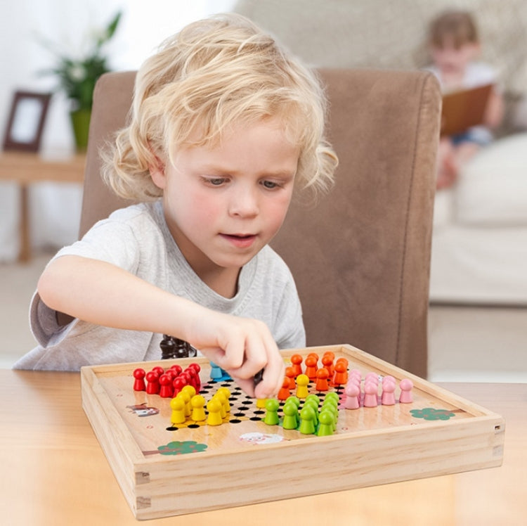 Children's wooden multifunction puzzle board toy with colorful chess pieces