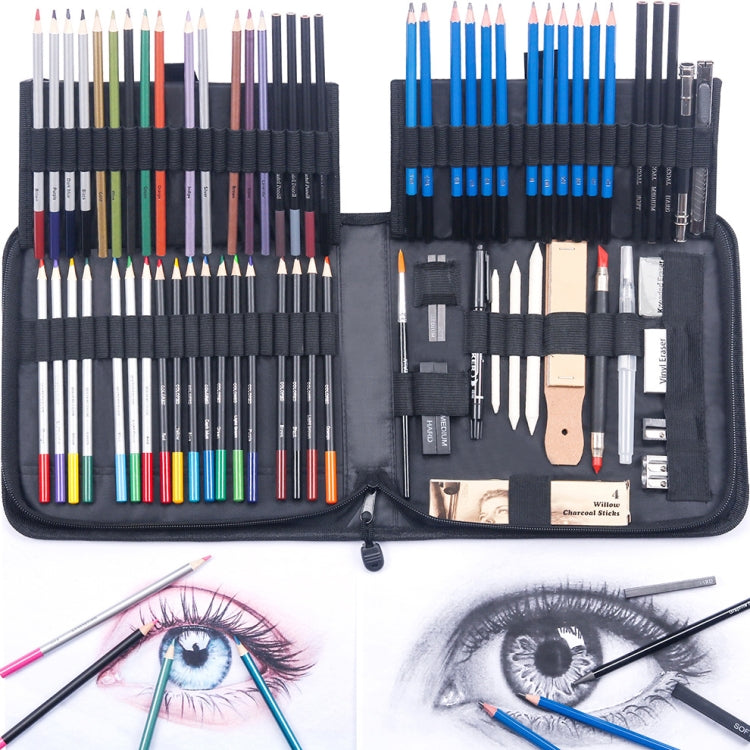 Portable sketch tool set open with colored pencils and brushes beside eye drawing