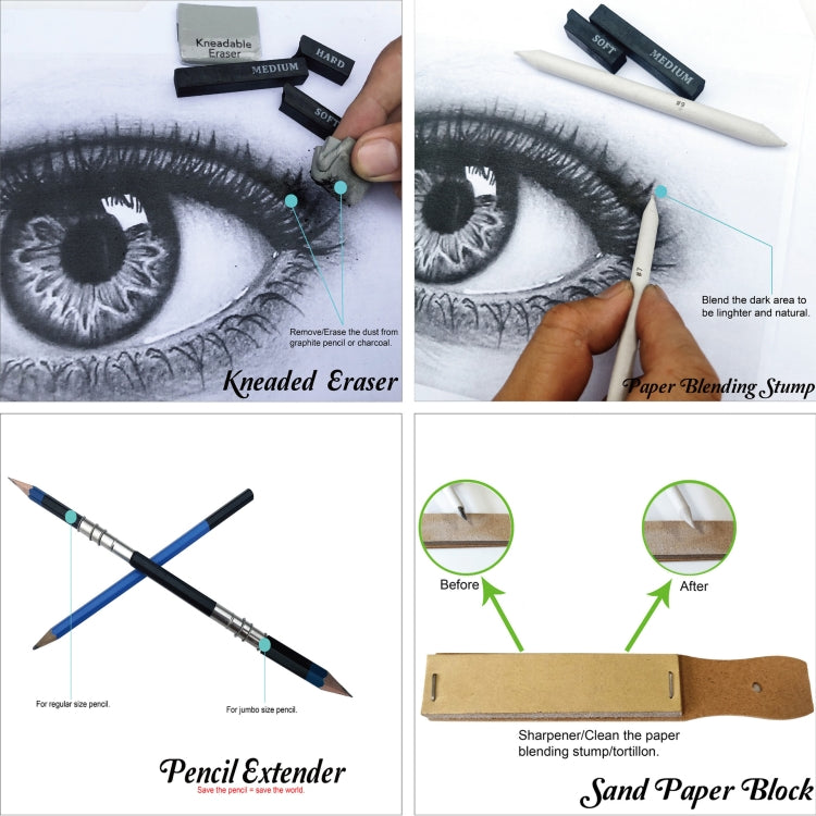 Sketch pencil set accessories: kneaded eraser, blending stump, pencil extender, sandpaper