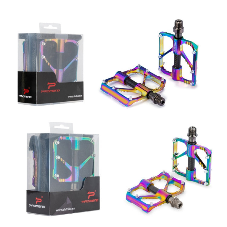 Rainbow CNC bike pedals with retail packaging box and pair of mounted pedals