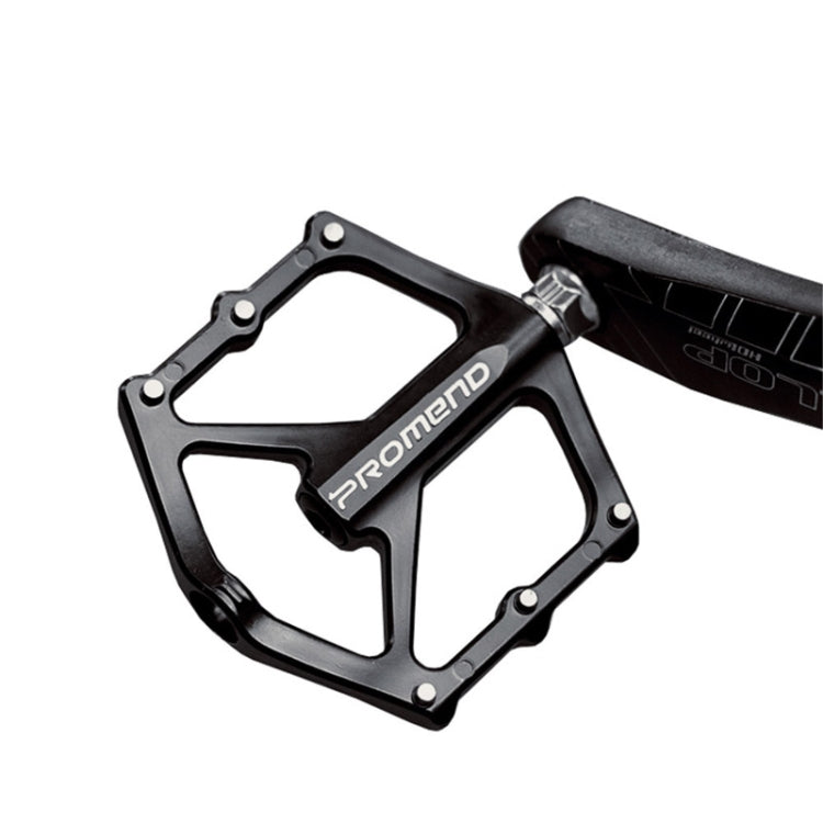 Black aluminum bicycle platform pedal with PROMEND logo and threaded axle end
