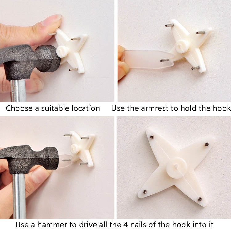 White press-free wall hook with metal pins, shown mounted for hanging