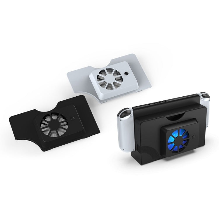 Cooling fan dock in white and black with blue LED ring fan, three-piece view