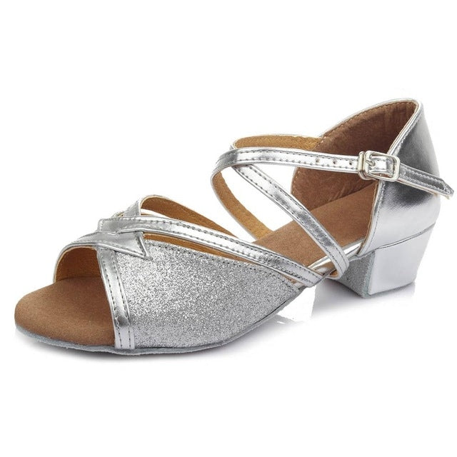 Silver glitter low-heel dance shoes with ankle strap buckle, soft sole