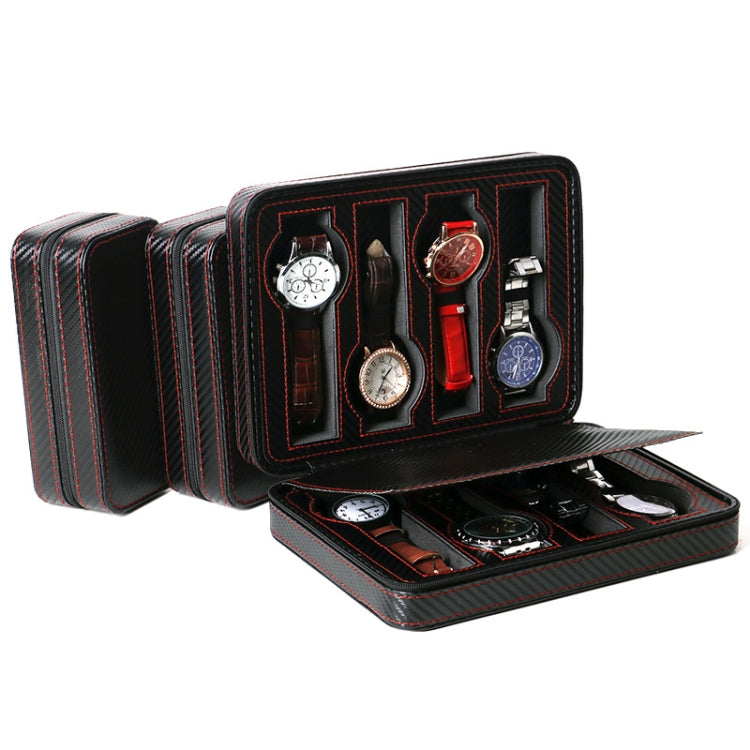 Open PU leather carbon-fiber watch case with red stitching; multiple watch slots and inserts.