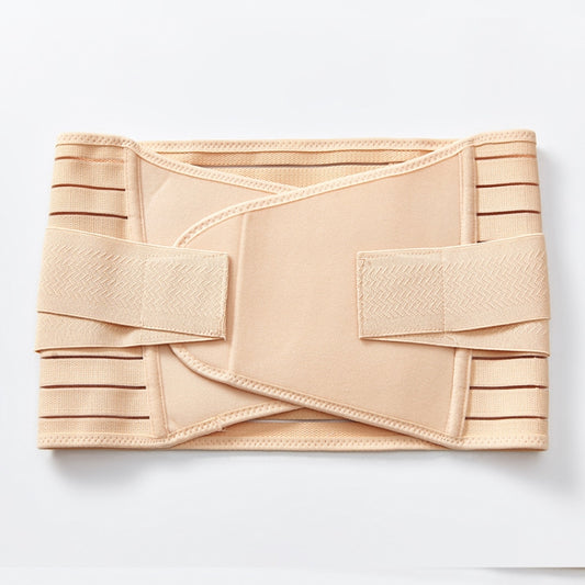Postpartum abdomen belt with wide elastic straps and layered support panels, light beige