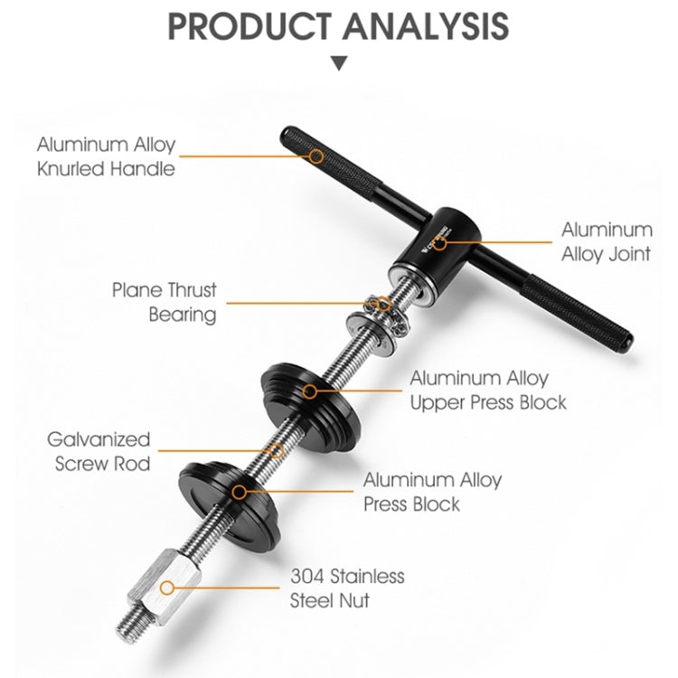 Exploded view of bicycle headset bearing press tool parts: rod, blocks, nut and bearing