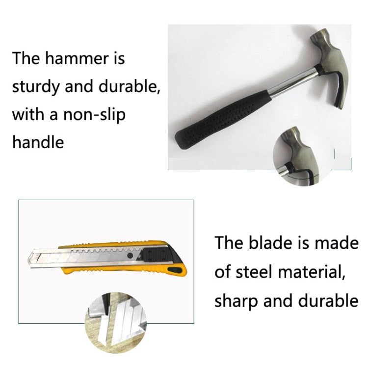 Hammer with black grip and steel head, plus utility blade, in 13-in-1 tool set