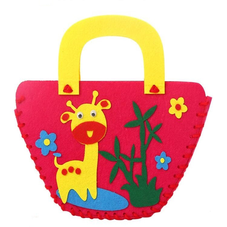 Red non-woven DIY hand-sewn bag with bee cartoon and flower appliques, yellow handle