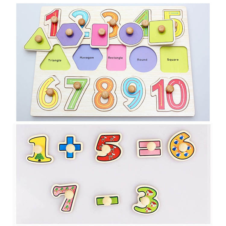 Wooden shape and number puzzle board with triangle, hexagon, round pieces and digits