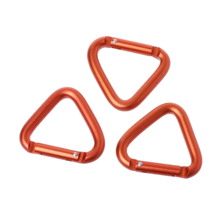 Three orange triangle snap carabiners with metal spring latches