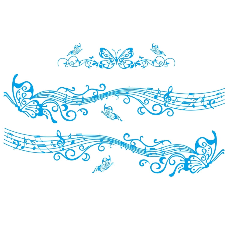 Blue music note and butterfly body sticker sheet with flowing vine swirls