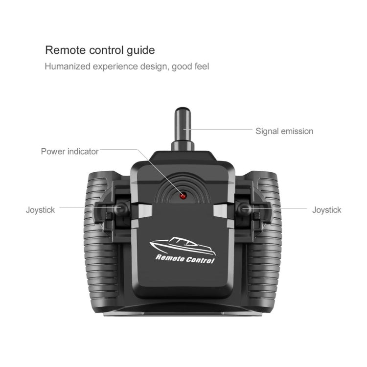 Black remote control transmitter with joystick for an RC speed boat