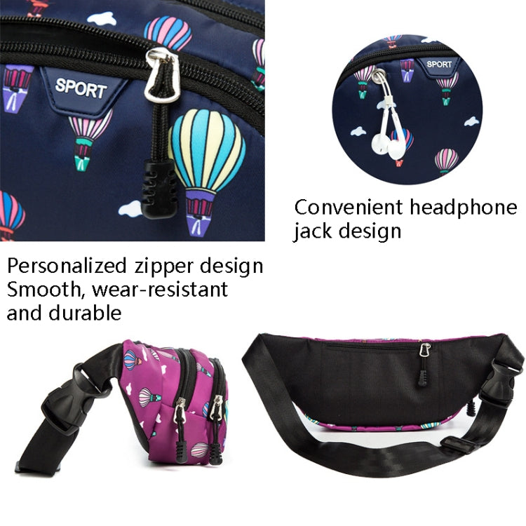 Navy hot-air balloon waist bag with front zipper and carrying strap