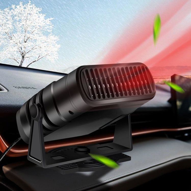 Black car heater mounted on car dashboard with vent facing windshield