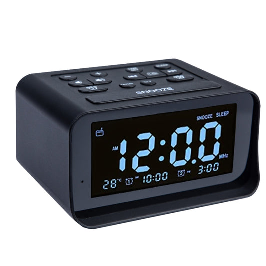 Black LED alarm clock with blue time display, snooze sleep text, side view