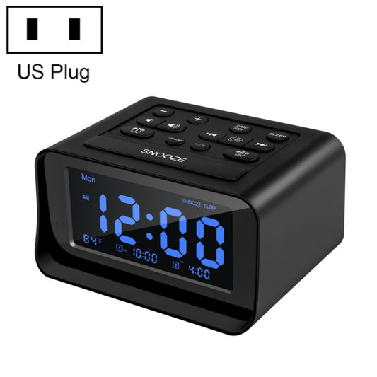 Black LED digital alarm clock with blue display and snooze buttons, US plug