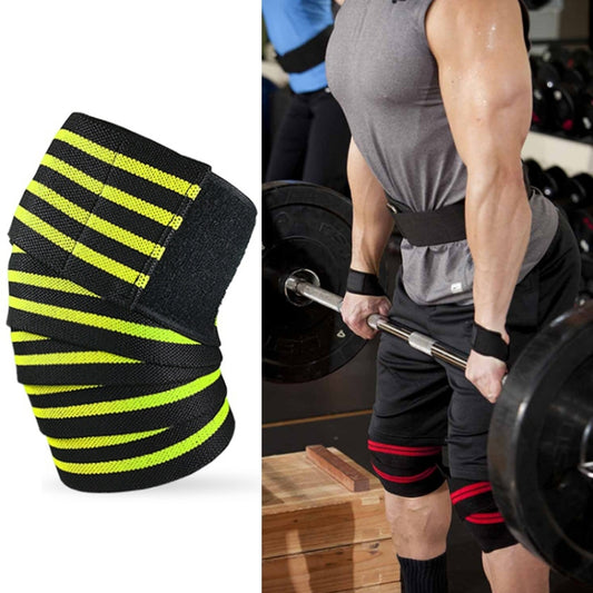 Black bandage sports knee pads with four neon yellow stripe bands