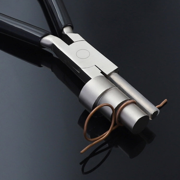 Round nose pliers with copper wire loops, black handles and silver head