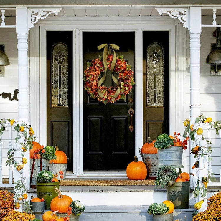 Artificial hydrangea wreath with green ribbon bow, multicolor orange-red blooms