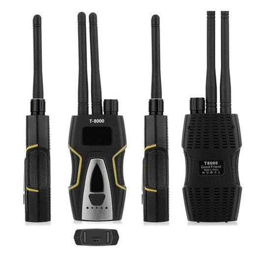 Wireless signal detector kit with handheld unit, two antennas, and compact base accessory