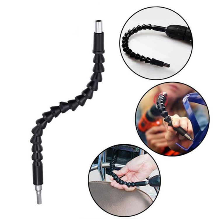Flexible drill extension shaft with black segmented coupler and interchangeable bit tips