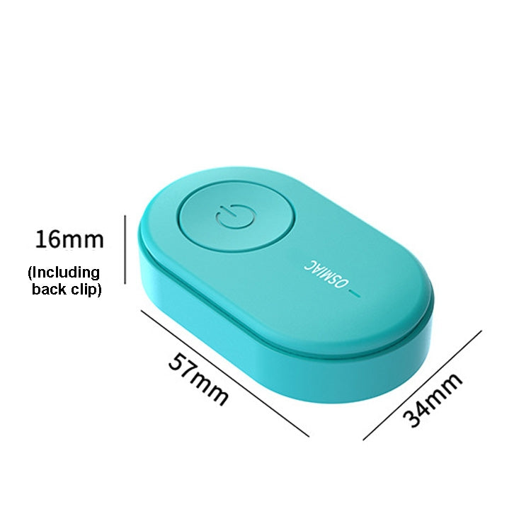 Teal portable repellent collar device with compact oval shape and power button.