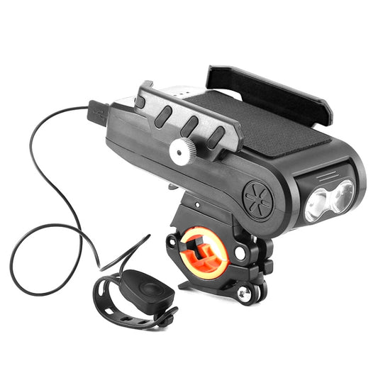 Black bicycle front light with phone holder, white charging cable and horn-style speaker