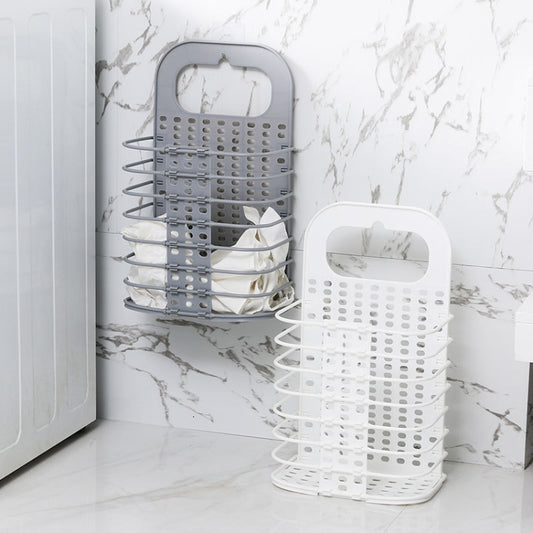 Household Bathroom Wall-Mounted Perforation-Free Folding Dirty Clothes Basket Toy Storage Basket, White, Grey