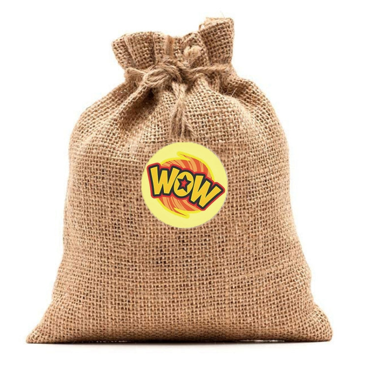 Burlap gift pouch with a circular Wow encouragement sticker