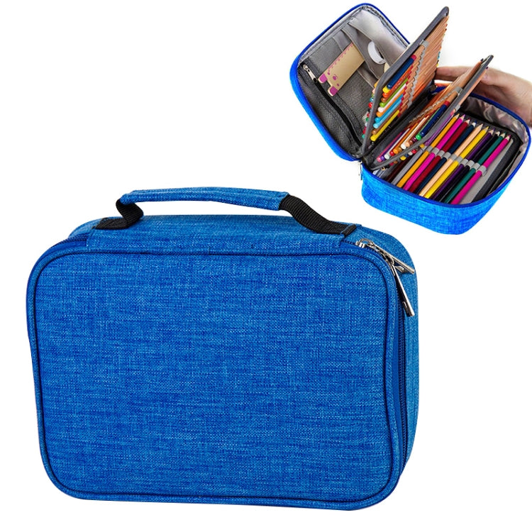 Waterproof zippered pencil case, blue fabric organizer with carry handle and zipper pocket