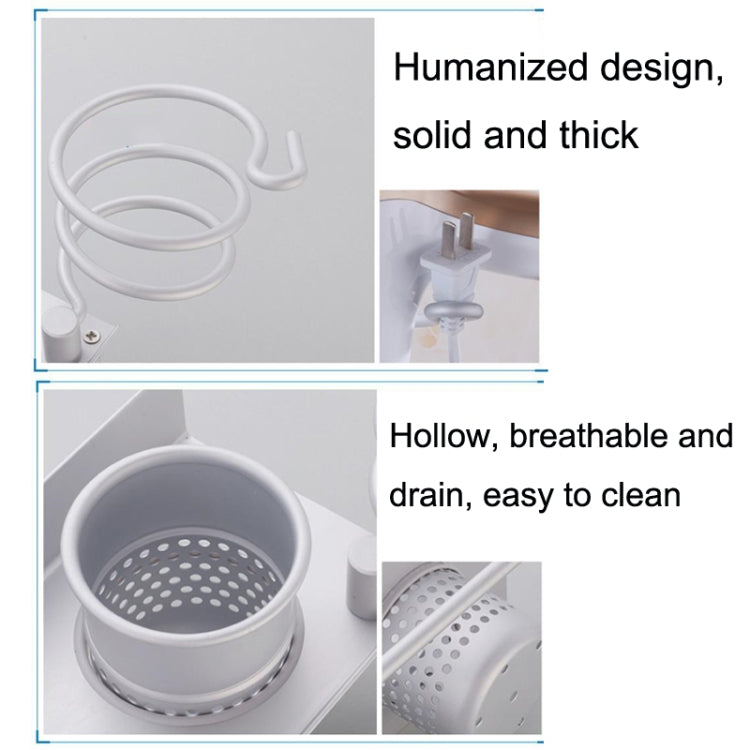 White wall hair dryer rack with loop hangers and perforated cup inserts
