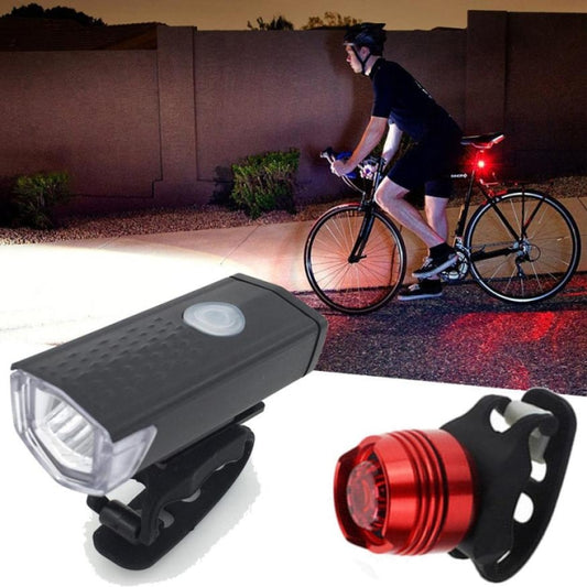 Black USB bike headlight and taillight set with white front beam and red rear light