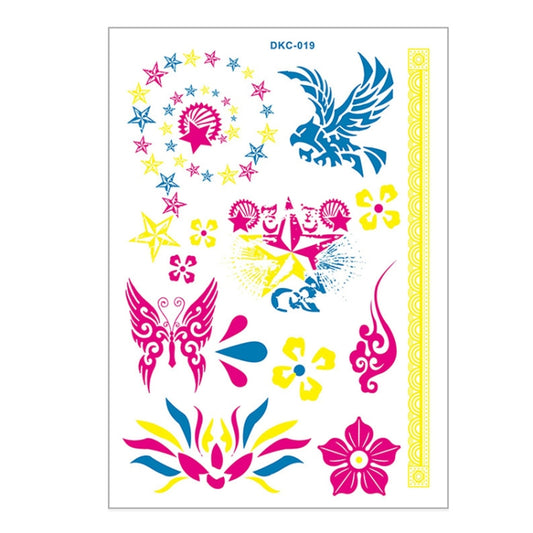 Fluorescent arm tattoo sticker sheet with winged motifs, sparkles, and floral accents